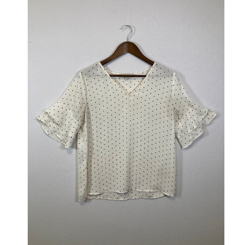 LOFT Polka Dot Ruffle Sleeve V Neck Blouse‎ Top Women's Size S Ivory Black